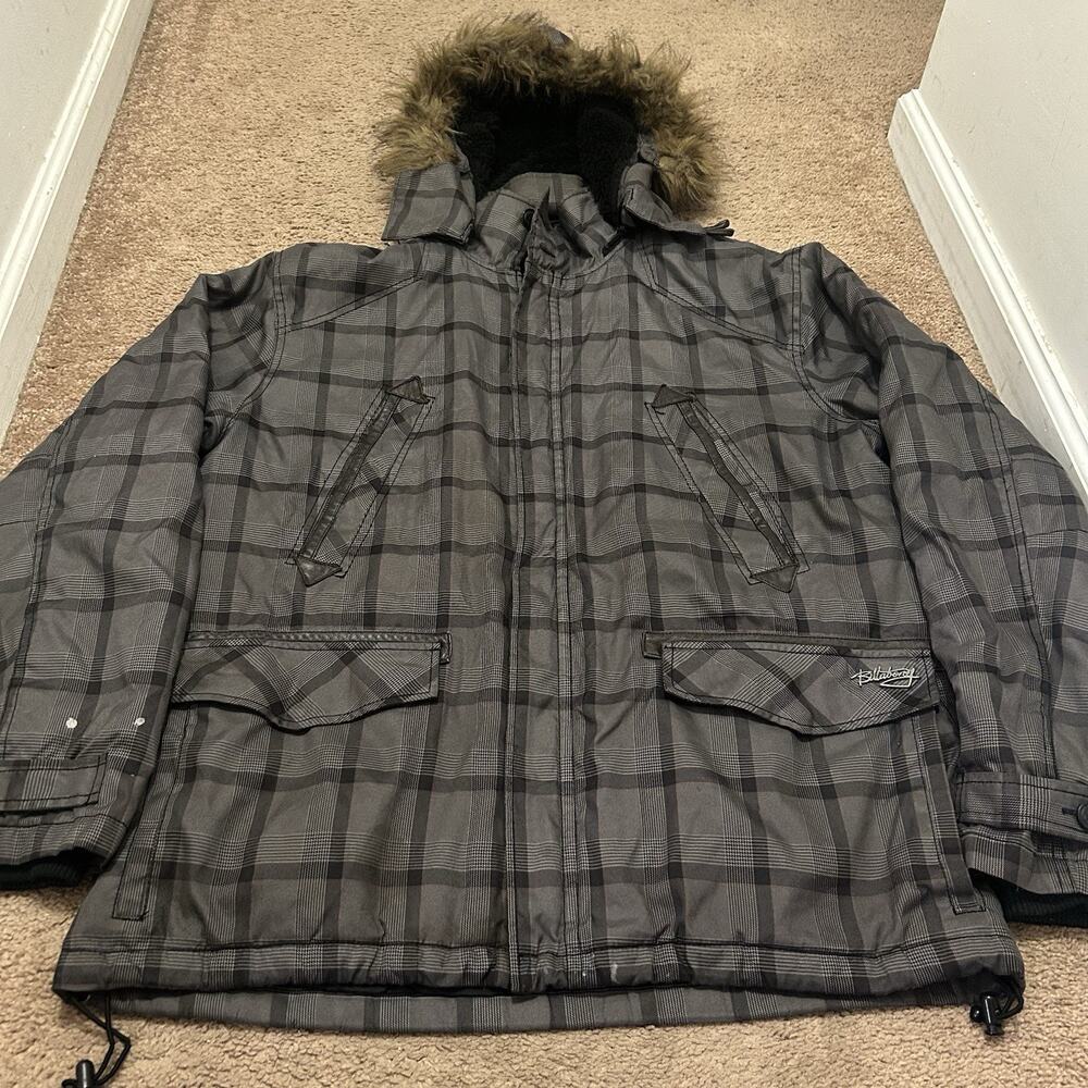 Y2K Billabong Puffer Jacket Plaid Faux Fur Lined Hood Size Large Gray Ski